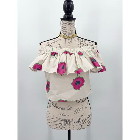B53 La DoubleJ Off Shoulder Floral Cropped Top Blouse Womens Large Boho Resort - Picture 2 of 7